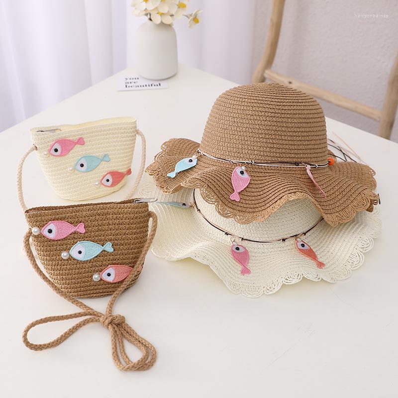 

Berets Children Boy Cartoon Fish Straw Hat 2pcs Sun With Bag Shoulder Bags Baby Girls Breathable Floppy Sunscreen Beach Cap, Only hat pink