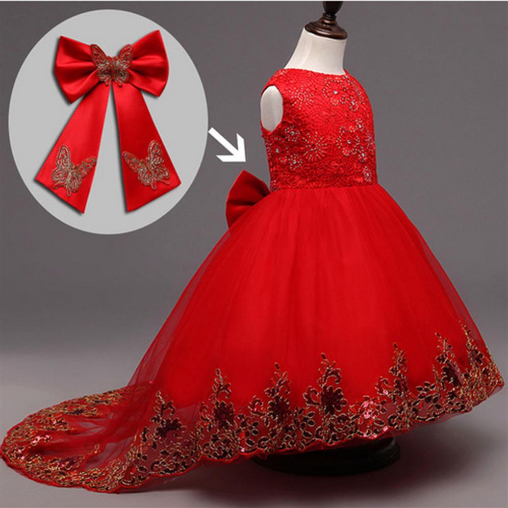 

Flower Girl Bridesmaid Dress Children Red Mesh Trailing Butterfly Girls Wedding Dress Kids Ball Gown Embroidered Bow Party Dress3101