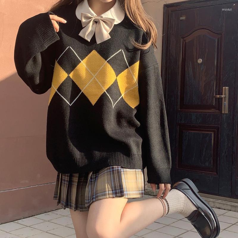 

Women's Sweaters Harajuku Korean College Style Autumn Geometric Pattern Argyle Pullovers Loose Oversized O-Neck Knitted Woman Jumper, Black