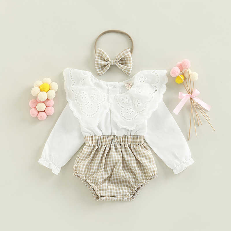 

Rompers Newborn Baby Girls Patchwork Romper Headband Long Sleeves Plaid Ruffle Jumpsuit Kids Spring Autumn Baby Clothes J220922, Red