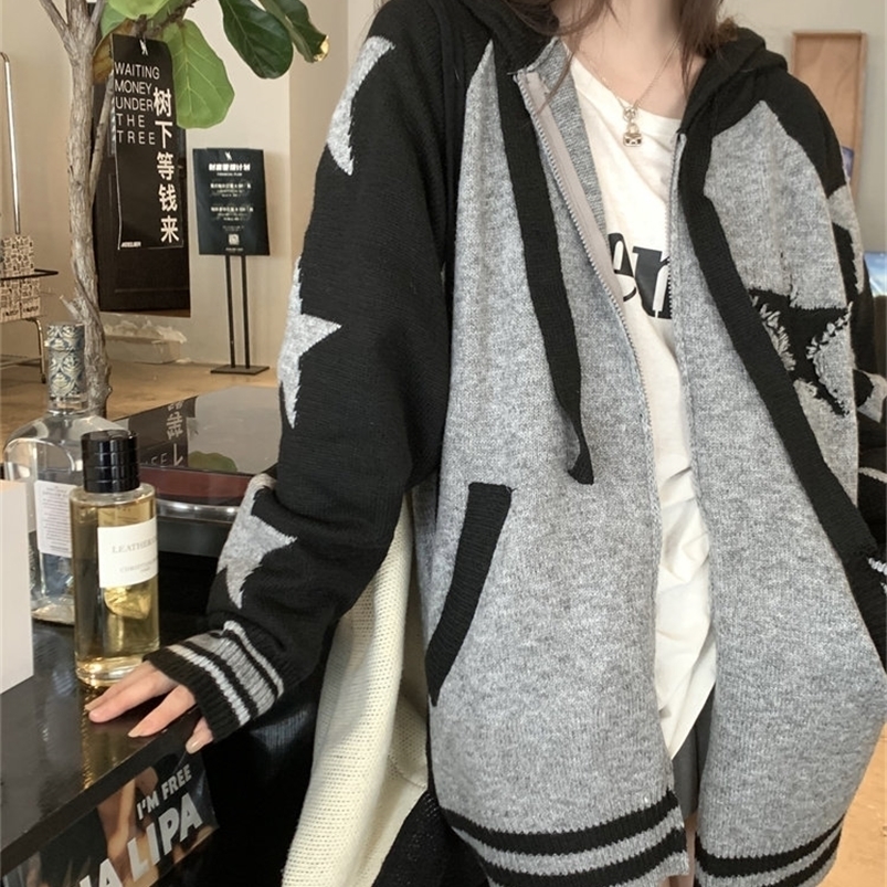 

Women' Knits Tees Oversized Cardigan Coat Women' Clothing Contrast Color Zipper Hooded Casual Sueter Mujer Fashion Knit Korean Sweater Tops 221006, Brown