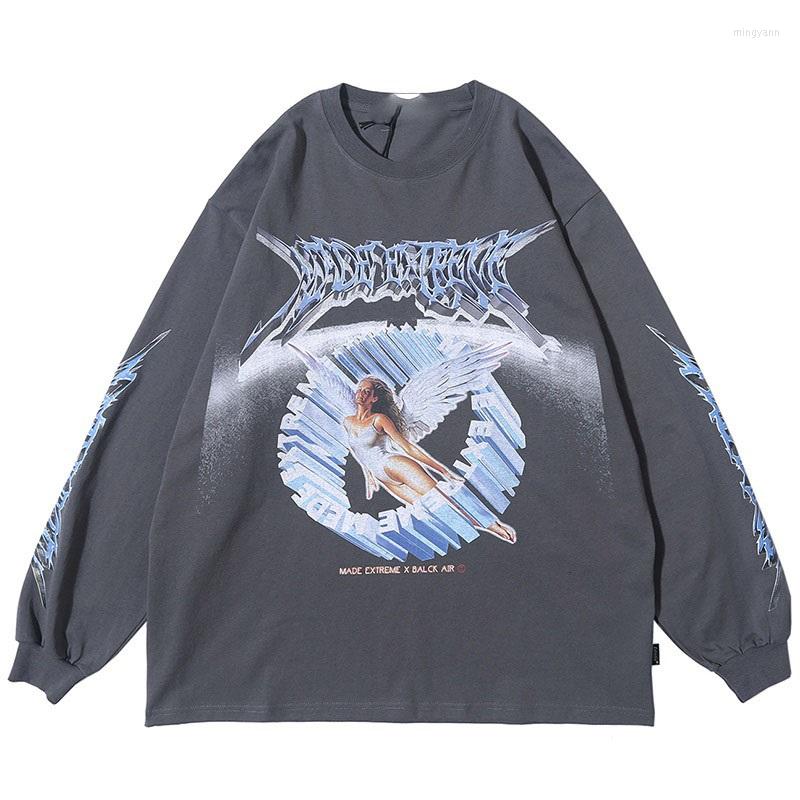 

Men's T Shirts Men Hip Hop Streetwear Angel Print Shirt Harajuku Oversize TShirts Long Sleeve Fashion Large T-Shirt Cotton Tops Tees, Black