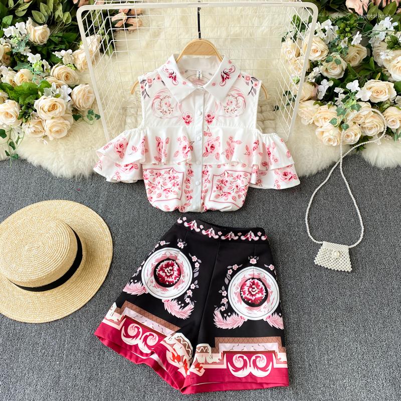 

Women's Tracksuits Chic Fashion Hollow-out Shoulder Ruffled Short Sleeves Shirt Top And High Waist Floral Pants One Set, Picture shown