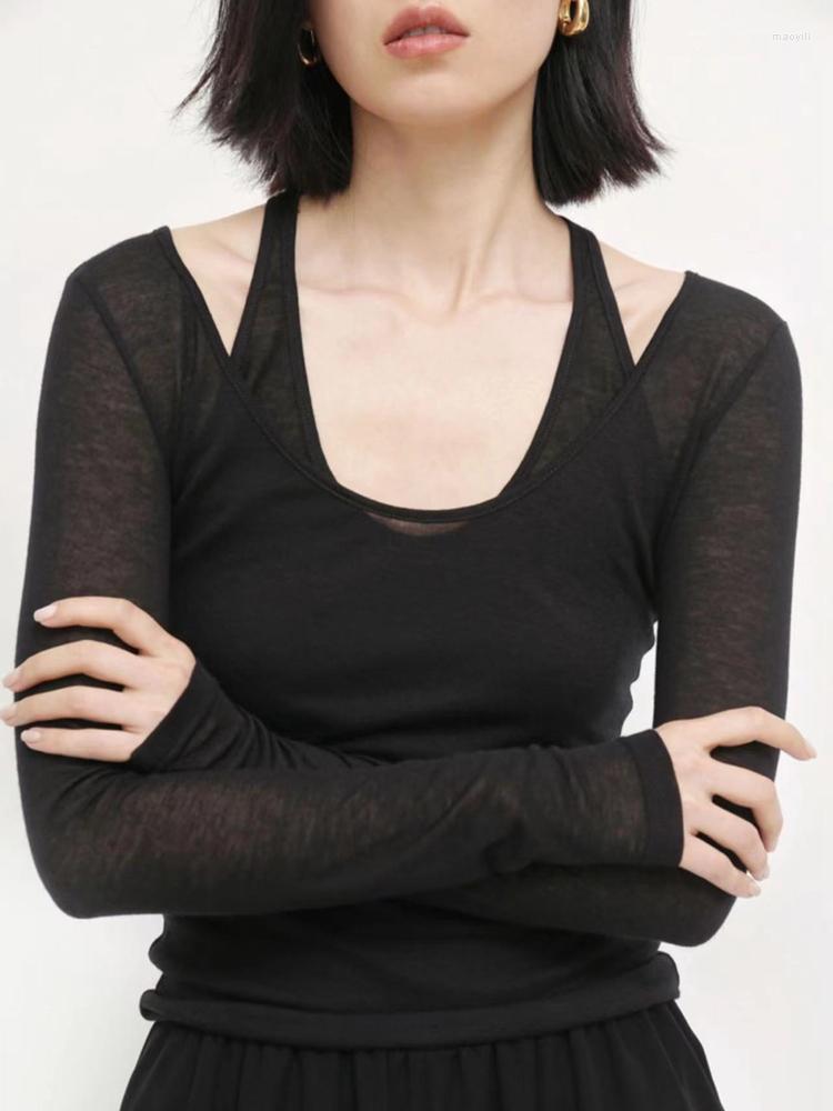 

Women' Sweaters 2022 Spring Women Two-wear Wool Bottomed Slightly Transparent Knitted Pullover Top, Black