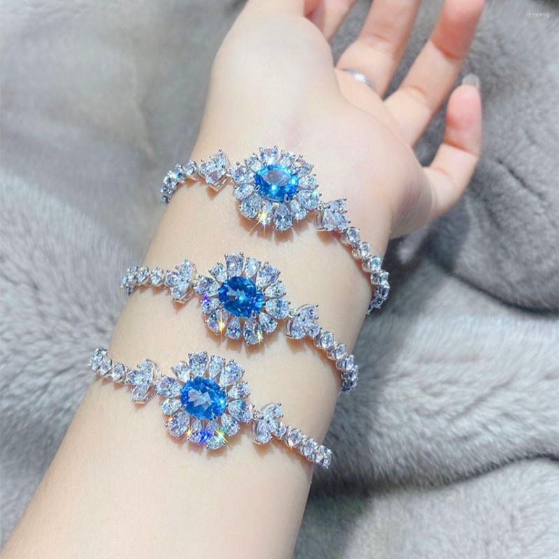

Link Bracelets Bright Floral Luxury Sea Blue Zircon Bracelet For Women's Wedding Prom Jewelry Premium Accessories Holiday Gifts H490