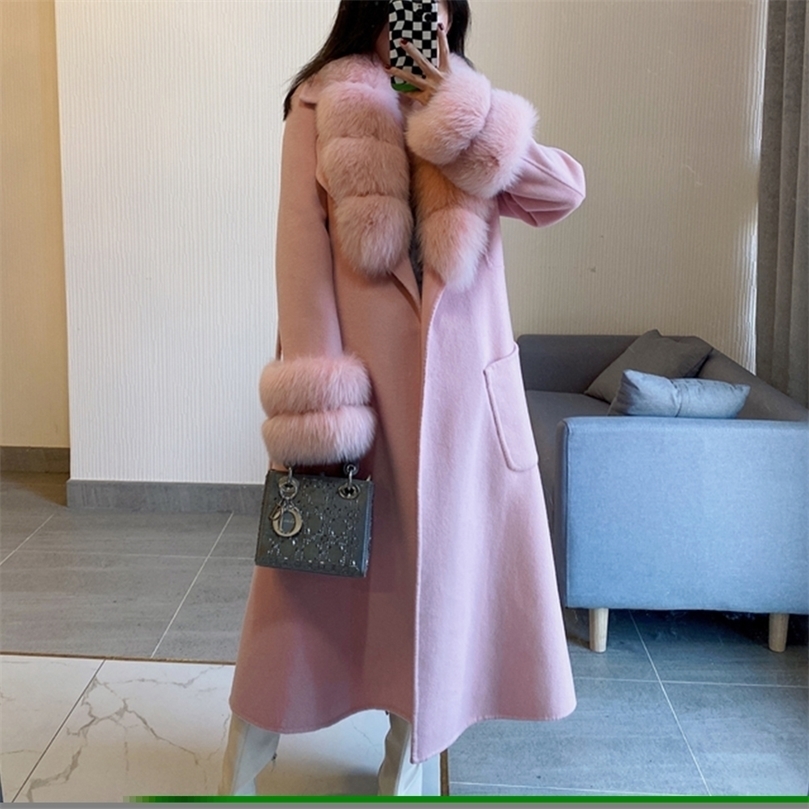 

Womens Fur Faux Winter Jacket Long Cashmere Wool Blend Real Coat Natural Collar Cuffs Fashion Streetwear Brand Outerwear 220930, Blue