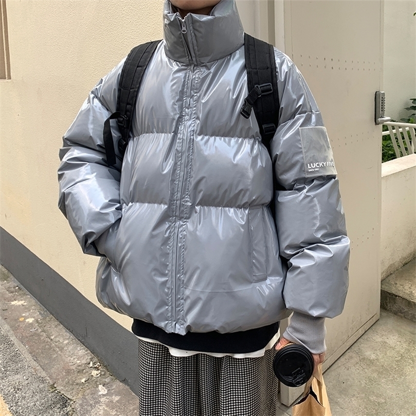 

Mens Down Parkas YASUGUOJI Winter Stand Collar Loose Bright Leather Fabric Puffer Jacket Men Couple Thick Warm Cotton Padded Coat Men 2201006, Gan lan green