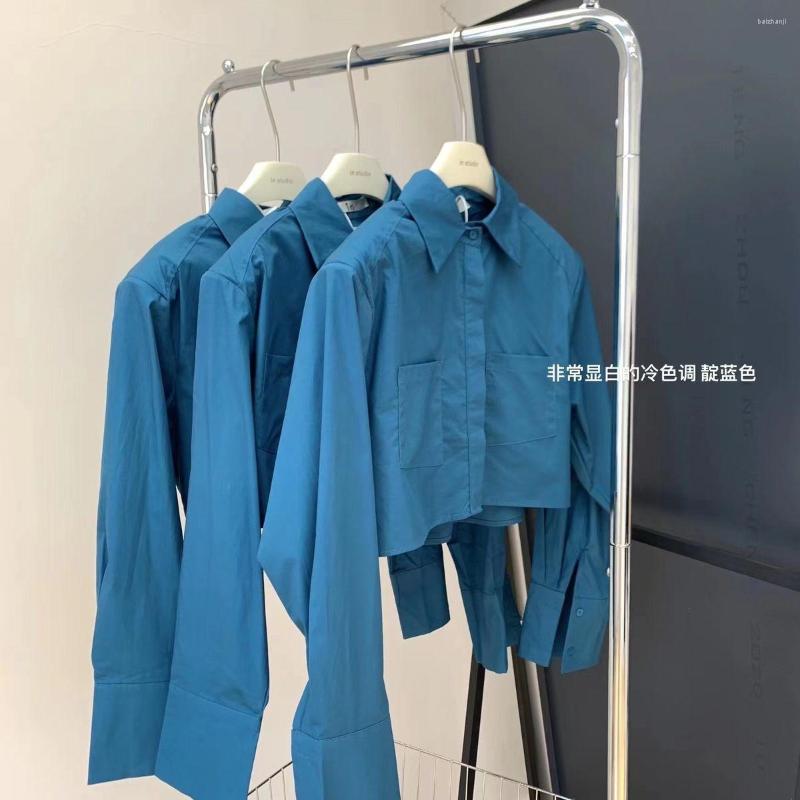 

Women's Blouses Women's Lapel Dual Pocket Button Down Crop Blouse Long Sleeve Casual Cardigan Coat, Blue