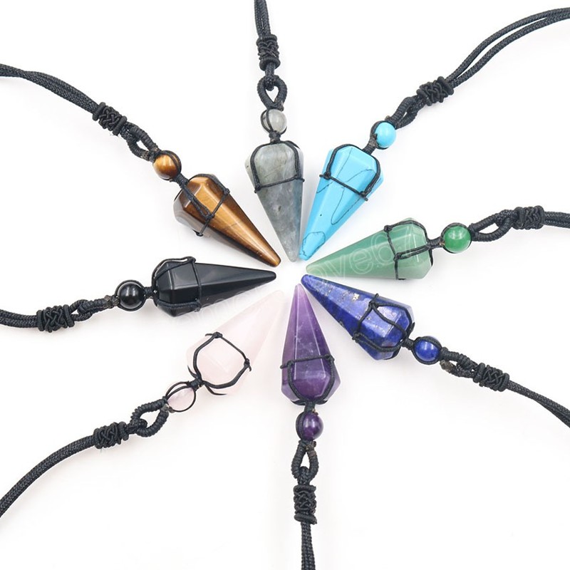 

Retro Reiki Healing Stone Cone Pendulum Pendant Amethysts Neckaces Rope Wrap Natural Quartz Pendant Necklaces Female Jewelry