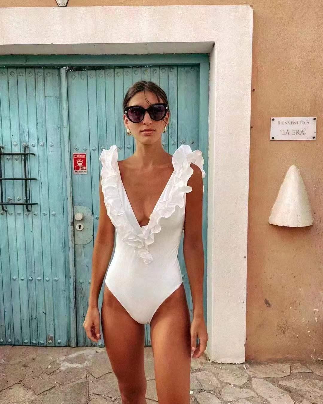

Women' Swimwear Nylon solid color deep V agaric edge one-piece bikini resort swimsuit, 01