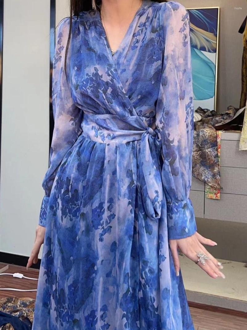 

Casual Dresses Women Elegant Chiffon Korean Party Dress Long Sleeve V Neck Vintage Floral Print Ladies For 2022 K187, Blue