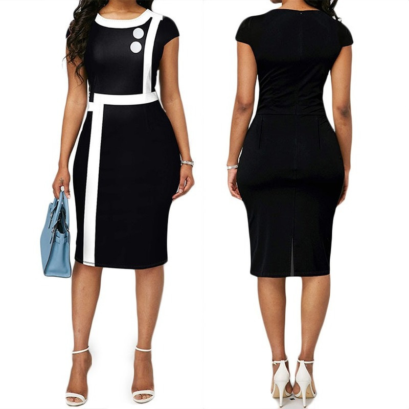 

Work Dresses Summer Short Sleeve Patchwork Black White Dress Oneck Button Office Career Pencil Bodycon Dresses Fashion Women Party Outfits 221006