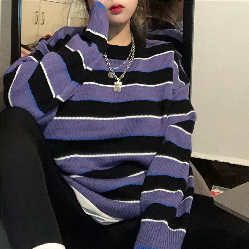 

Women' Sweaters Pullovers Women O-neck Striped Oversize Trendy Harajuku Knitted Tops Students All-match Daily Streetwear Korean Style, Purple