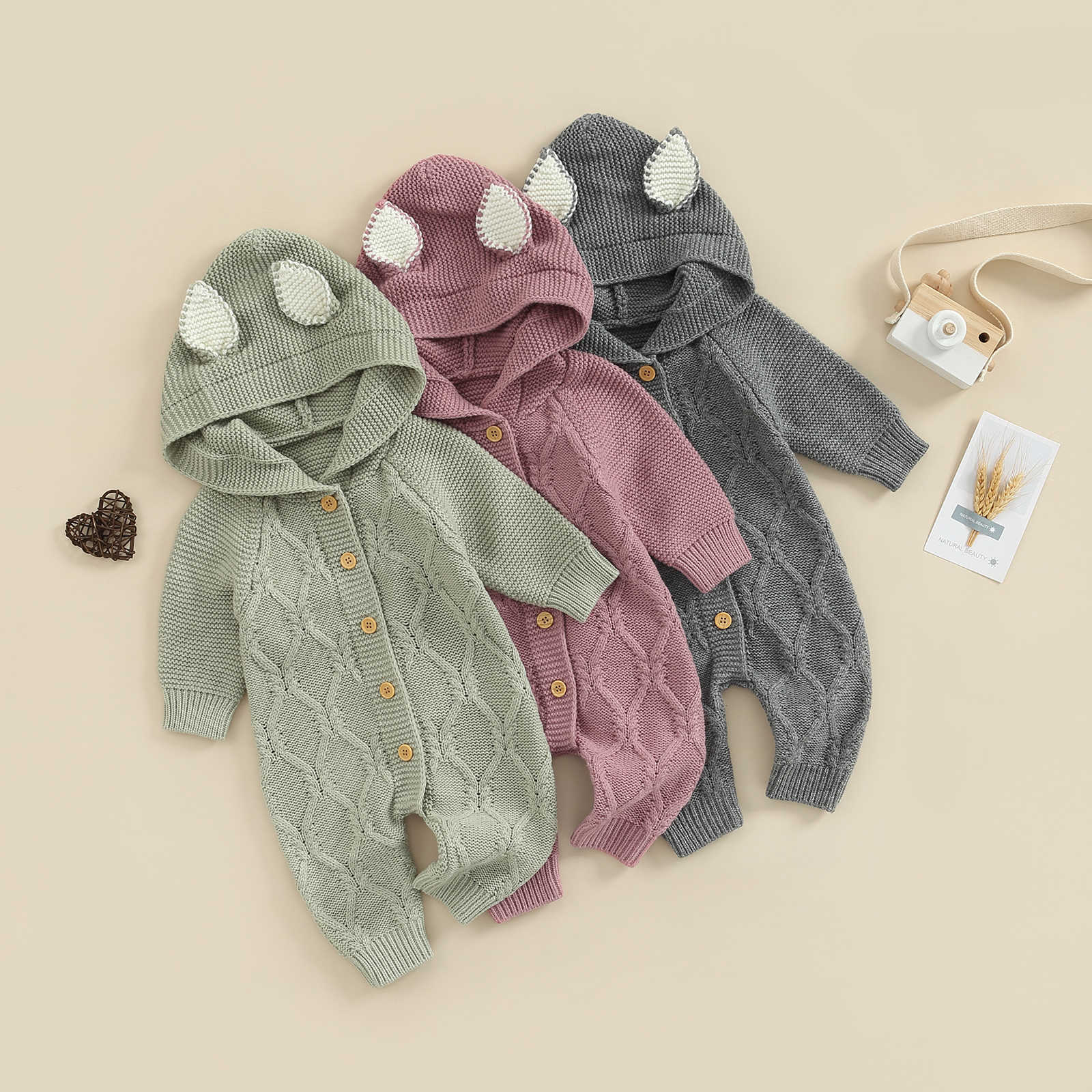 

Rompers Newborn Baby Clothes Baby Hooded Rompers Autumn Winter Girl Boy Fashion Baby Costume Kids Toddler Winter Knit Jumpsuit J220922, Grey