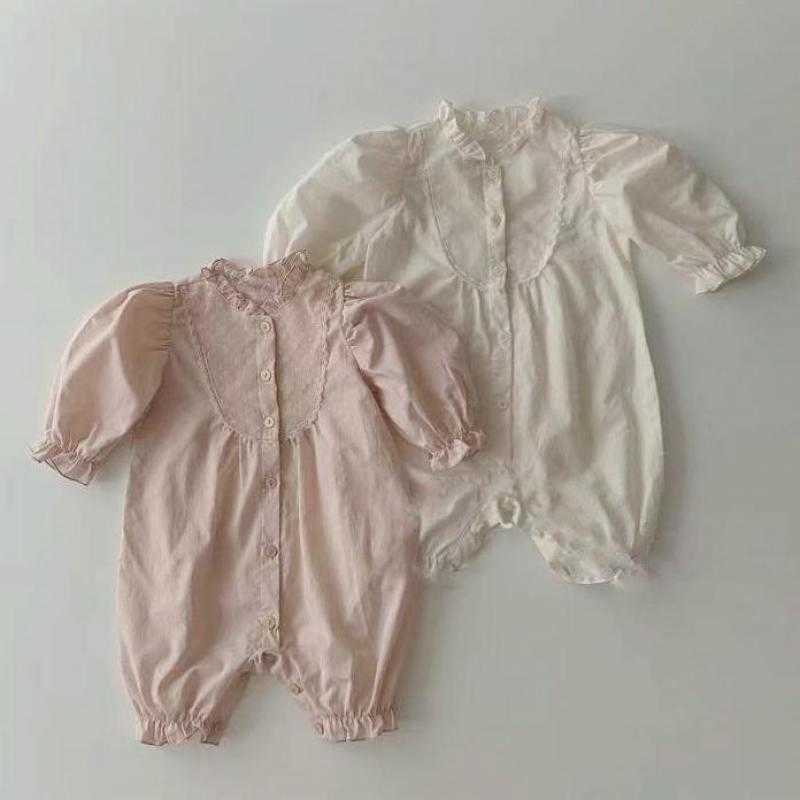 

Rompers Cute Girl Fashion Lace Single Breasted Puff Sleeves Romper 02y Girls Autumn New Solid Simple Cotton Princess Cotton Jumpsuit J220922, Light orange
