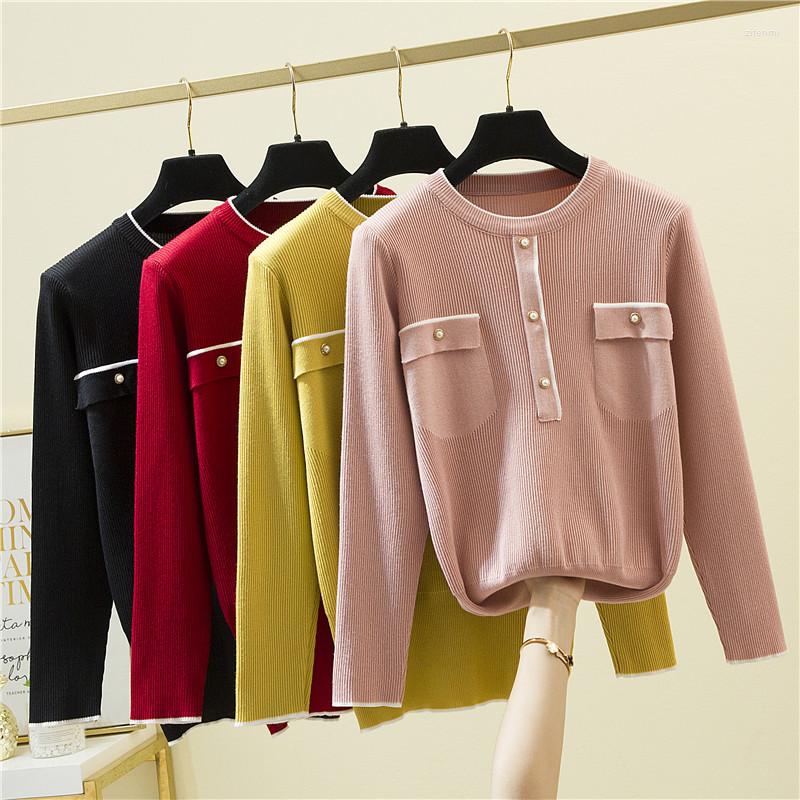 

Women's Sweaters Women Elegant Knitted Sweater Pullover Pocket Autumn Winter 2022 Chic Fashion Female O-neck Long Sleeve Tops Candy Colors, Green