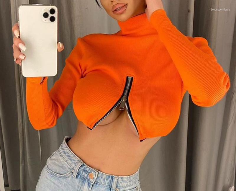 

Women' T Shirts Egood 2022 Summer Fall Women Fashion Solid Turtleneck Long Sleeves Zipper Slim Crop Top Sexy Y2K Streetwear Party Elegant, Orange