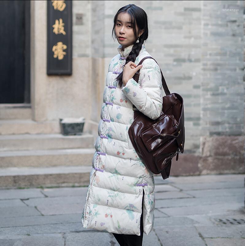 

Ethnic Clothing Art RETRO Fashionable Travelling White Duck Down Jacket Women's Middle Long Winter Chinese Style Thickened Warm