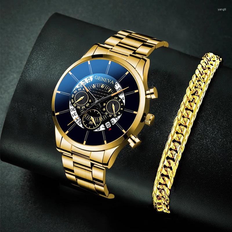 

Wristwatches 2022 Fashion Mens Calendar Watches Men Business Stainless Steel Quartz Wrist Watch Male Gold Bracelet Relogio Masculino, As shown 1