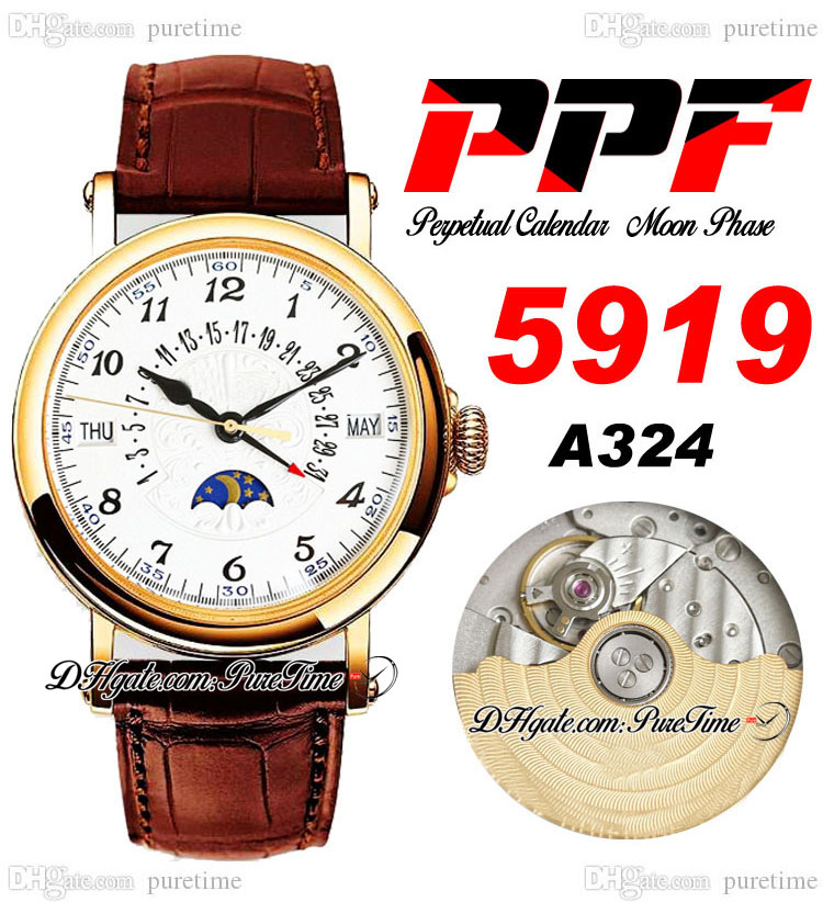 

PPF Perpetual Calendar 5960R A324 Automatic Mens Watch Moon Phase 38mm Yellow Gold 3D Flowers Totem Dial Silver Blue Roman Brown Leather Super Edition Puretime B2