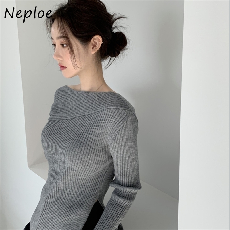 

Women's Sweaters Neploe Early Autumn Thin Section Off-Shoulder Split Long Sleeve Sweater Ladies Slash Neck Ching Simple Slim Fit Pullovers 221006, Gray