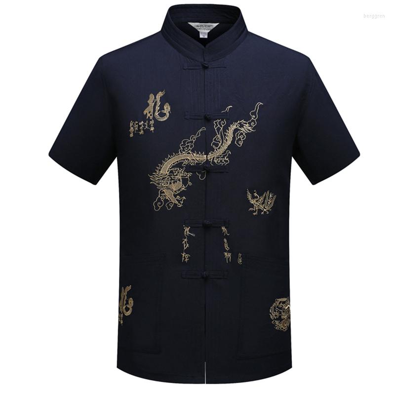 

Men's Casual Shirts Men Shirt Chinese Top Navy Blue Traditional Embroidery Dragon Summer Satin Rayon Tai Chi