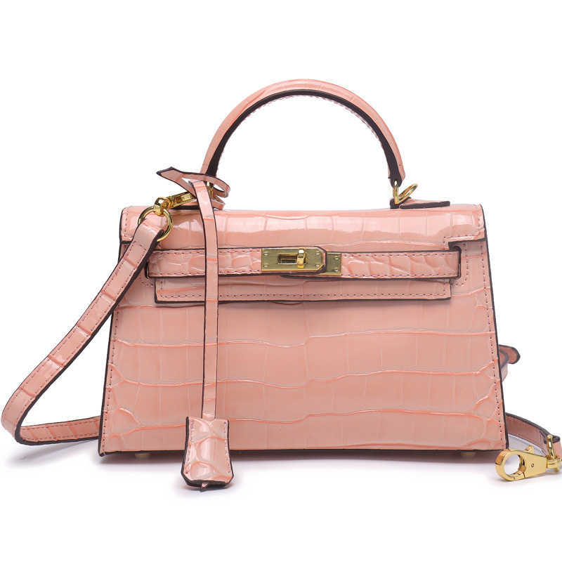 

Fashion Women Herme Totes bag s Cowskin Genuine leather Handbag Summer new crocodile pattern lacquer 2022 kellies second generation single, Pink