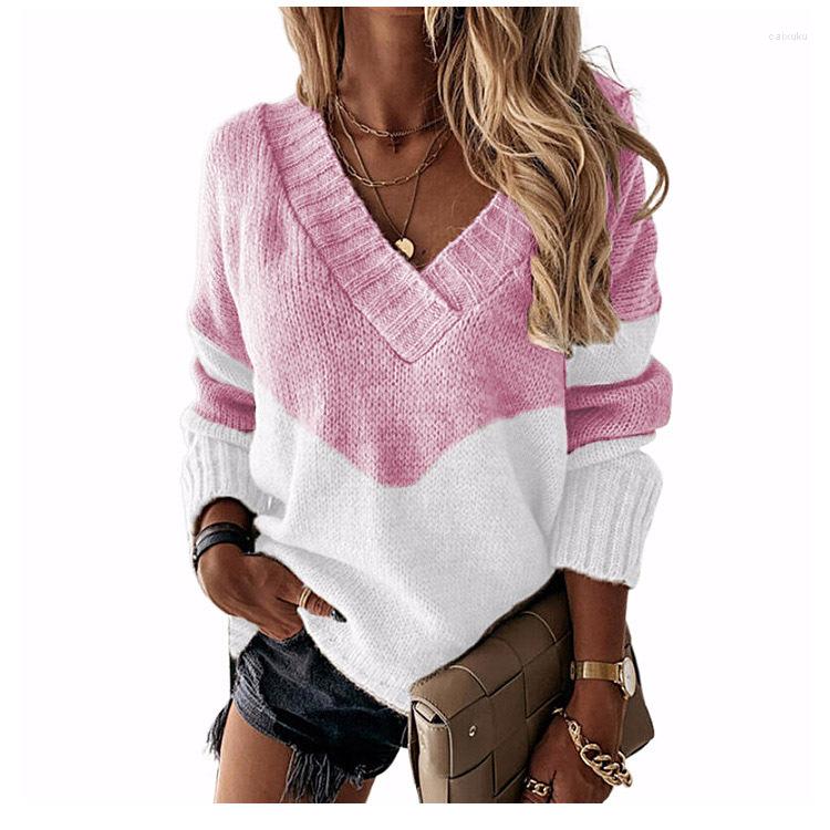 

Women' Sweaters Women Knitted Pullover Autumn Winter Sweater Casual Long Sleeve V Neck Color Patchwork Dresses Fall Tops, Leopard grain pink