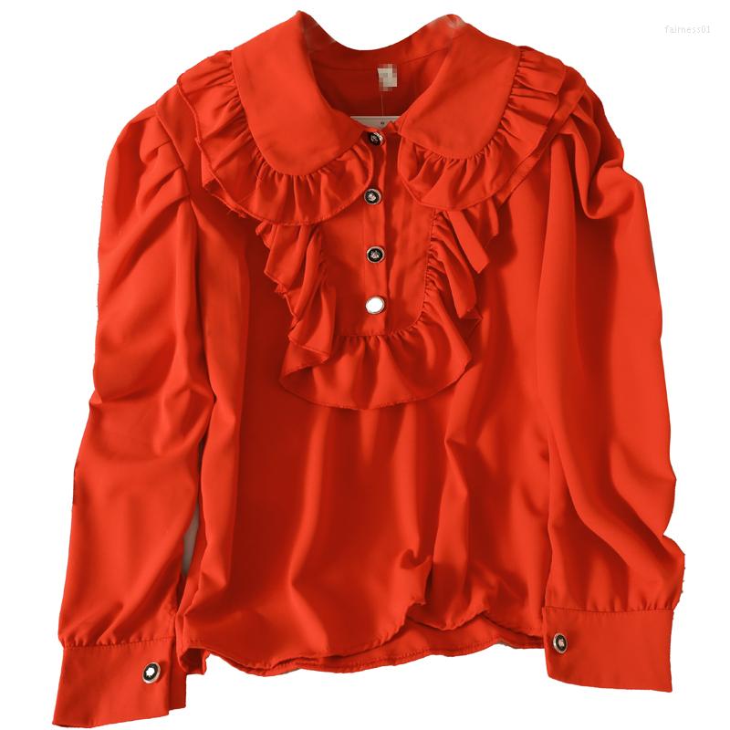 

Women's Blouses Winter French Pleated Wood Ears Turn-down Collar Bottoming Loose Long-sleeved All-match Shirt Women, Red