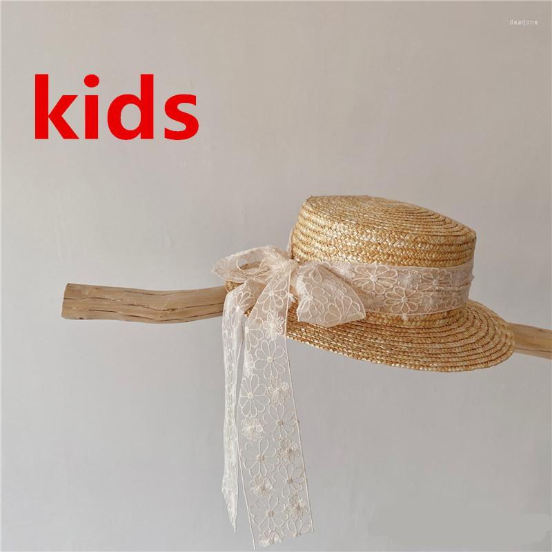 

Hats 202205-shi Ins Chic Summer British Lace Bowknot Flower Handmade Straw Girl Child Fedoras Cap KIDS Jazz Panama Hat, Beige