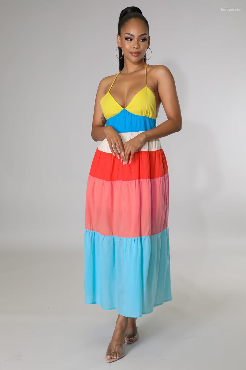 

Casual Dresses 2022 INS Patchwork Chiffon Sexy Beach Sweet Young Designer Halter Off Shoulder Backless Women Long Loose DressCasual, Multi