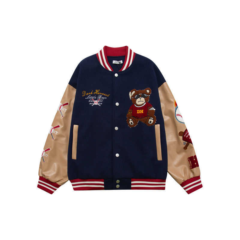 

Retro bear embroidered baseball uniform men and women tide ins spring new loose couple street jacket bomber jacket traf