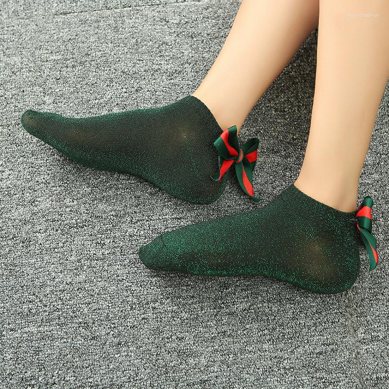 

Women Socks Pure Color Bow Silver Silk Low Lace Shallow Boat Simple Short 5pair/lot