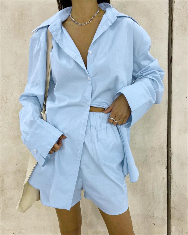 

Women' Tracksuits Women 2 Piece Set Solid Color Long Sleeves Single-Breasted Shirt Elastic Waist Shorts Summer Tracksuit For Girls, White