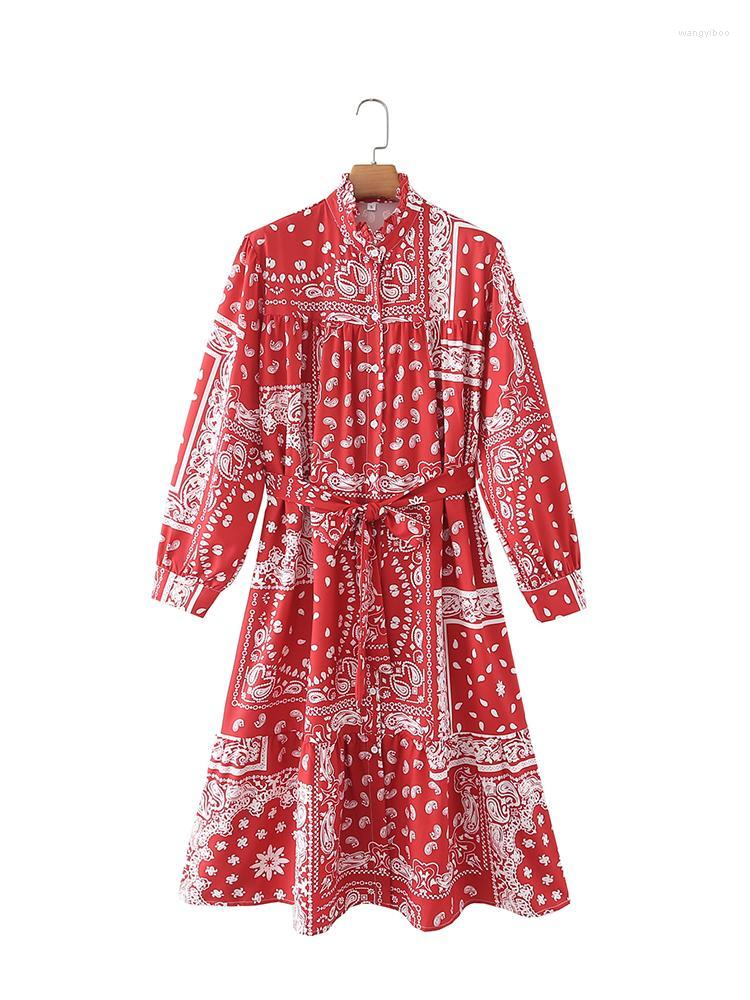 

Casual Dresses Summer 2022 Women' Chic Round Neck Single Breasted Belt Floral Flounces Long Sleeve Dress Retro MIDI Dress1Casual, Red