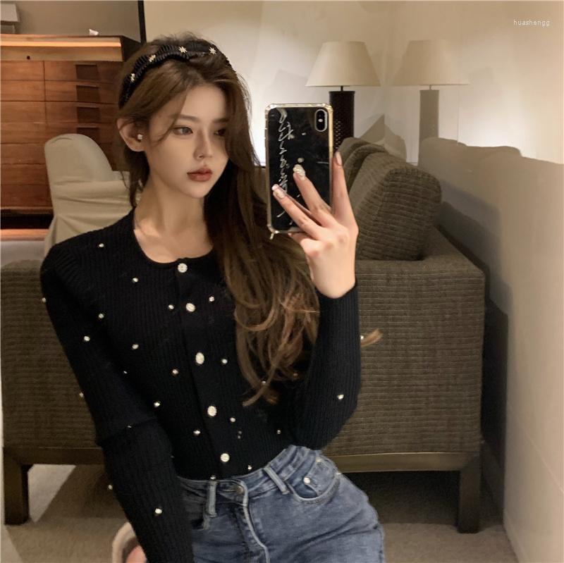 

Women's Knits Spring Elegant Beading Thin Elastic Long Sleeve Sweaters Women Knitting Cardigan Coat Women's & Tees, Black
