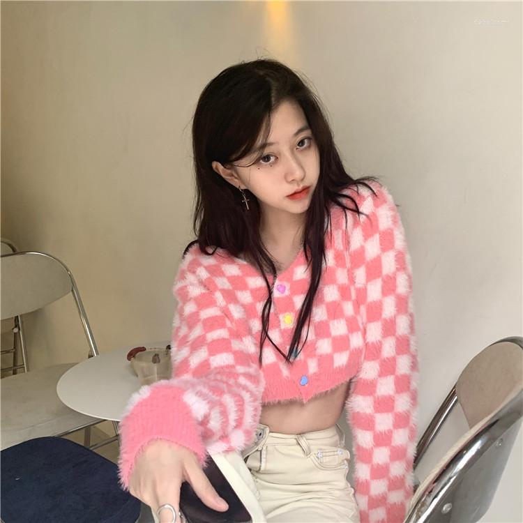 

Women's Knits Korean Of Sweet Pink Plaid Knitted Cardigan Navel Sweater Women