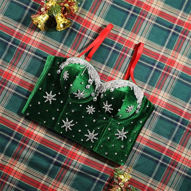 

Womem Top Short Christmas Costume Corset Party Strapy Backless Sexy Vest Outside Bra Beading Crystal Shine Femmel Tank 220505, Green
