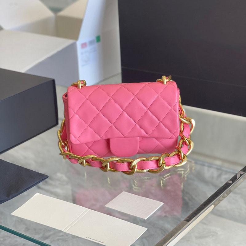 

22s Women Thick Chain Classic Flap Shoulder Bag Luxury Diamond Lattice Leather Quilted Designer Wallet Fashion Mini Crossbody Handbag Shopping Card Holder Clutch, Pink