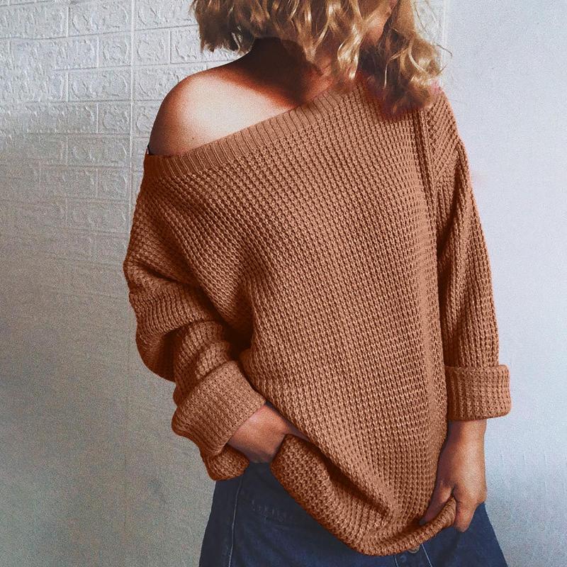 

Women' Sweaters Knitted Sweater Ladies Pullover Slashneck Womens Temperament C Ommuter Sweat Capuche Femme Vintage, Coffee