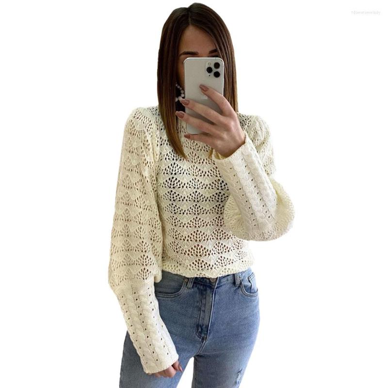 

Women' Sweaters Autumn Winter Women Knitted Sweater Round Neck Jacquard Loose Hollow Out Pullovers Warm Elegant Solid Lantern Sleeve Female, Apricot