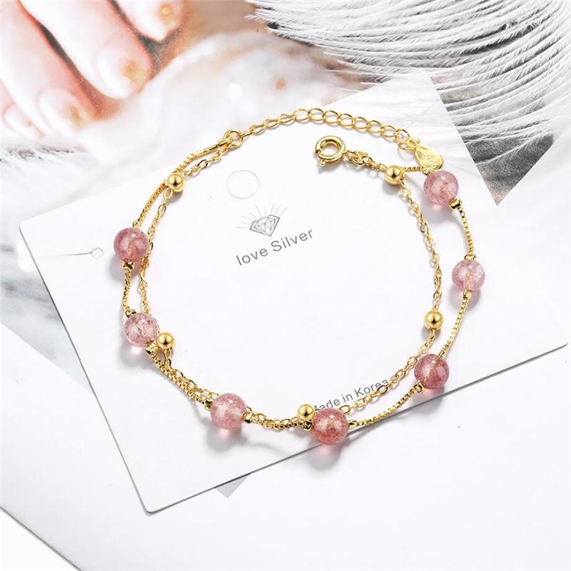 

Link Bracelets Sole Memory Pink Strawberry Crystal Double Layer Sweet Lovely Fresh Silver Color Female Resizable SBR181