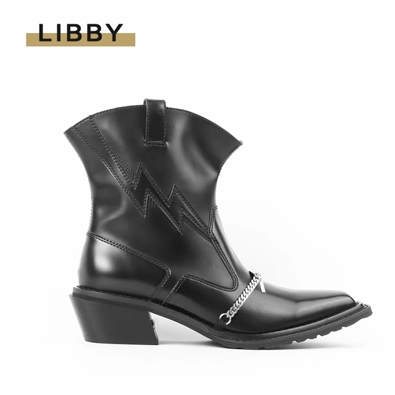 

Boots Women Street Fashion Brand Metal Chain Winter Ankle Genuine Leather Cowboy Square Toe Woman Shoes Punk Female 221006, Black