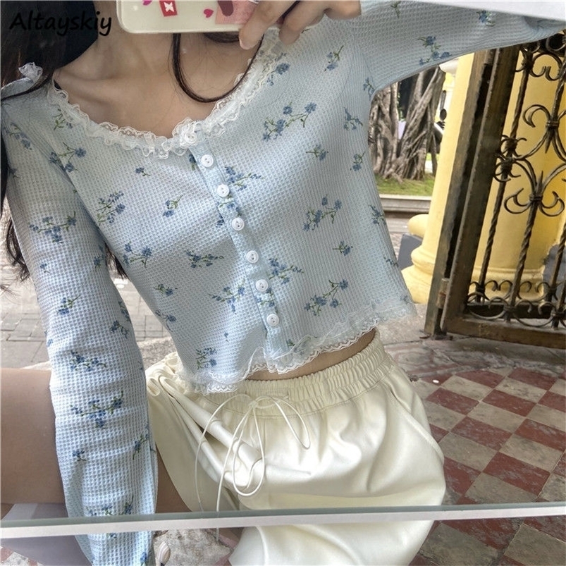 

Women' Knits Tees Women Cardigan Sweet Crop Top Design Patchwork Lace Floral Gentle Students All-match Retro Single Breasted Korean Style Chic Ins 221006, White