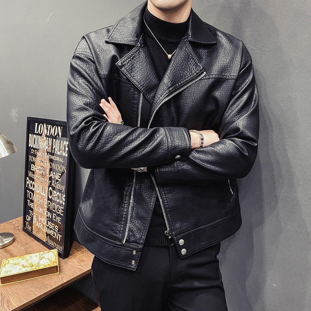 

Korean Fashion PU Leather Jacket Men Fashion Clothing 2022 High Street Motocycle Biker Coat Slim Fit Lightweight, Black