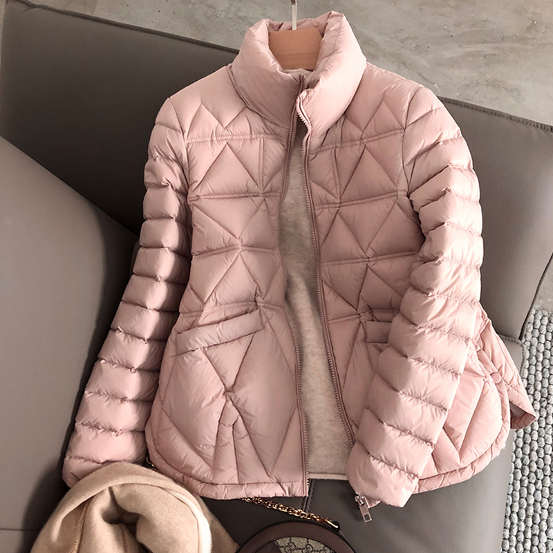 

Women's Down Parkas Autumn Winter Lightweight Down Jacket Women Stand Collar Plaid White Duck Down Coat Female Light Parkas Elegant Outwear 220930, Ivory