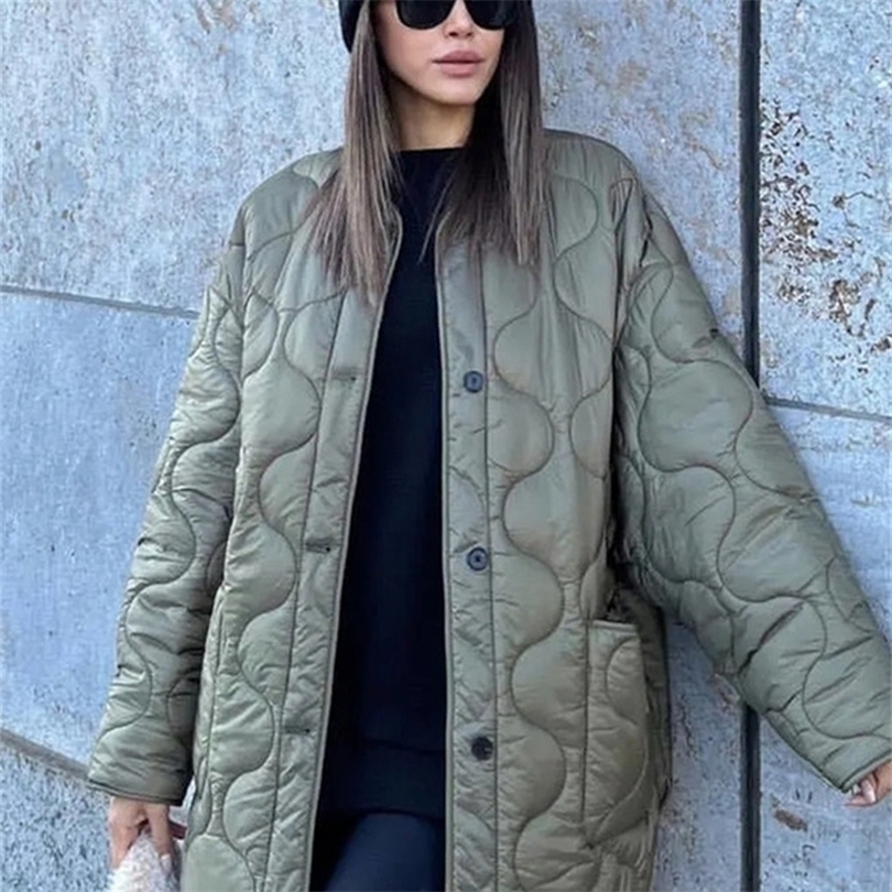

Womens Down Parkas Winter Quilted Coats Women Oneck Single Breasted Long Parkas Streetwear Vintage Famale Loose Cotton Padded Jackets 220930, Army green