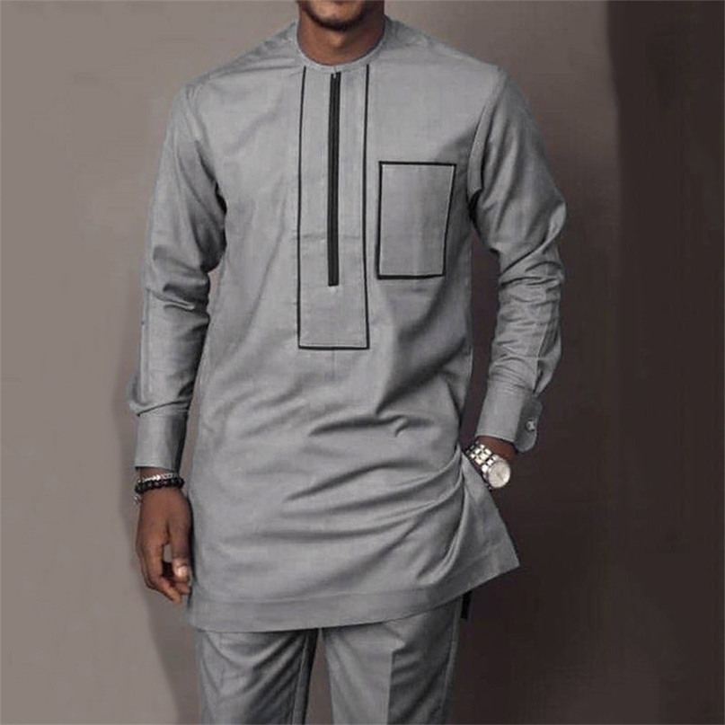 

Men's Tracksuits Dashiki Mens Set Grey Zippied Social Long Sleeve T-Shirt Pants 2 Piece Outfit Traditional Clothing Shirt Sweatpants Male M-4XL 221006