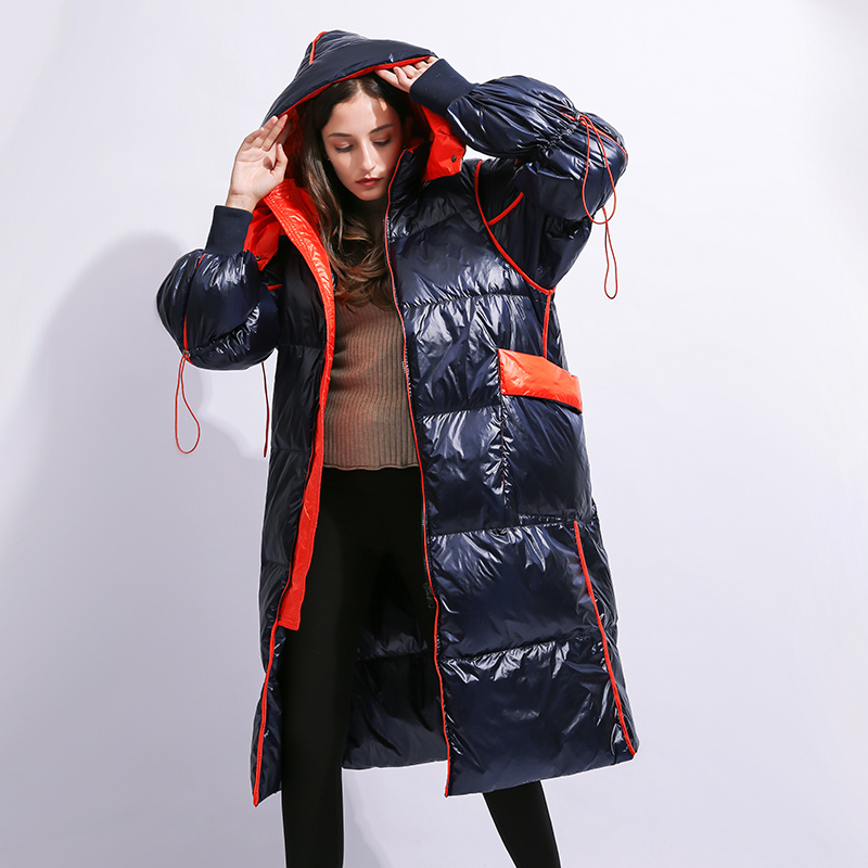 

Women' Down Parkas Winter red blue Xlong thicker warm down jacket female glossy fabric warm jacket fluffy bread style duck down coat for cold F240 220930, Dark blue