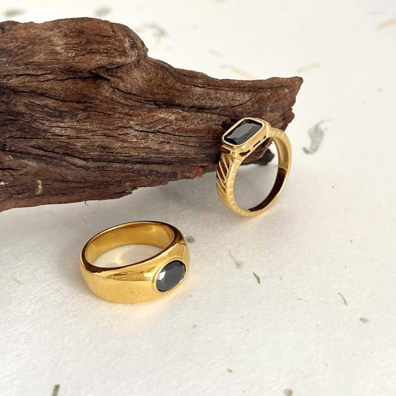 

Cluster Rings Monlansher Black CZ Stone Crystal Ring Gold Color Titanium Steel Chunky For Women Stylish Vintage Finger Jewelry 2022